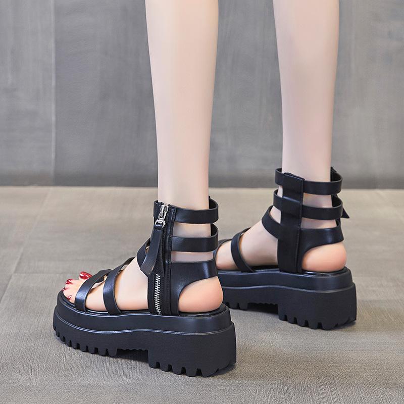 2024 лето новые толстые подошвы дышащие нескользящие боковые молнии показывают высоту римские туфли полые универсальные студенческие женские сандалии