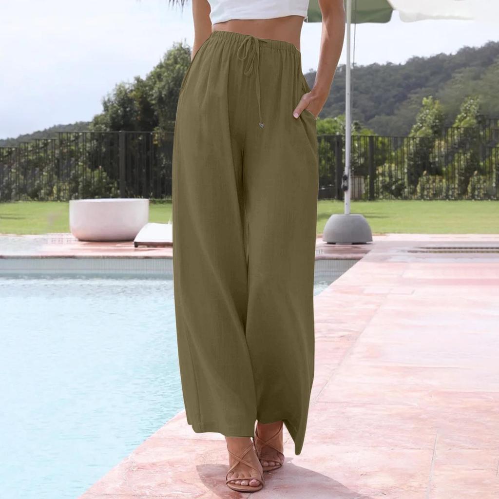 Брюки с широкой талией для женщин, повседневные летние брюки на шнурке, струящиеся пляжные брюки с карманами