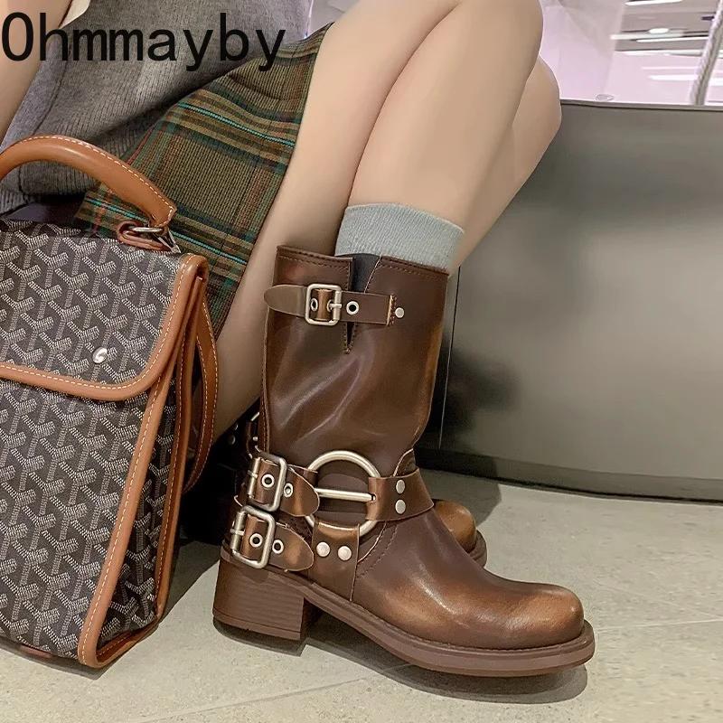 Fashion Retro Style Women Western Cowgirl Short Boots Fashion Belt Buckle Square Heel Shoes Autumn Winter Ladies Ankle Booties