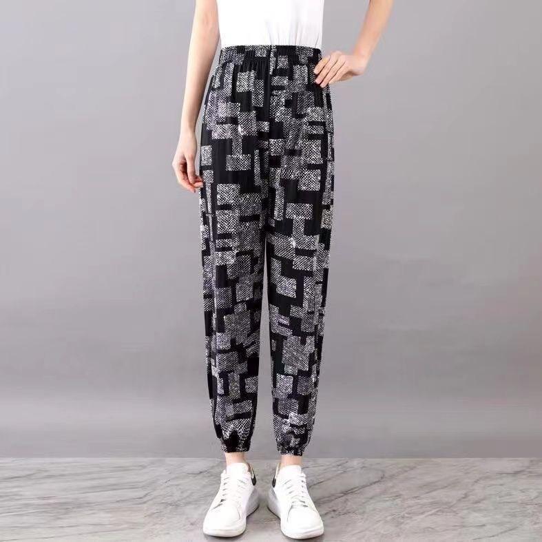 Летние женские брюки с цветочным принтом, брюки-шаровары для мам, брюки с обтачкой ног, эластичные летние брюки больших размеров