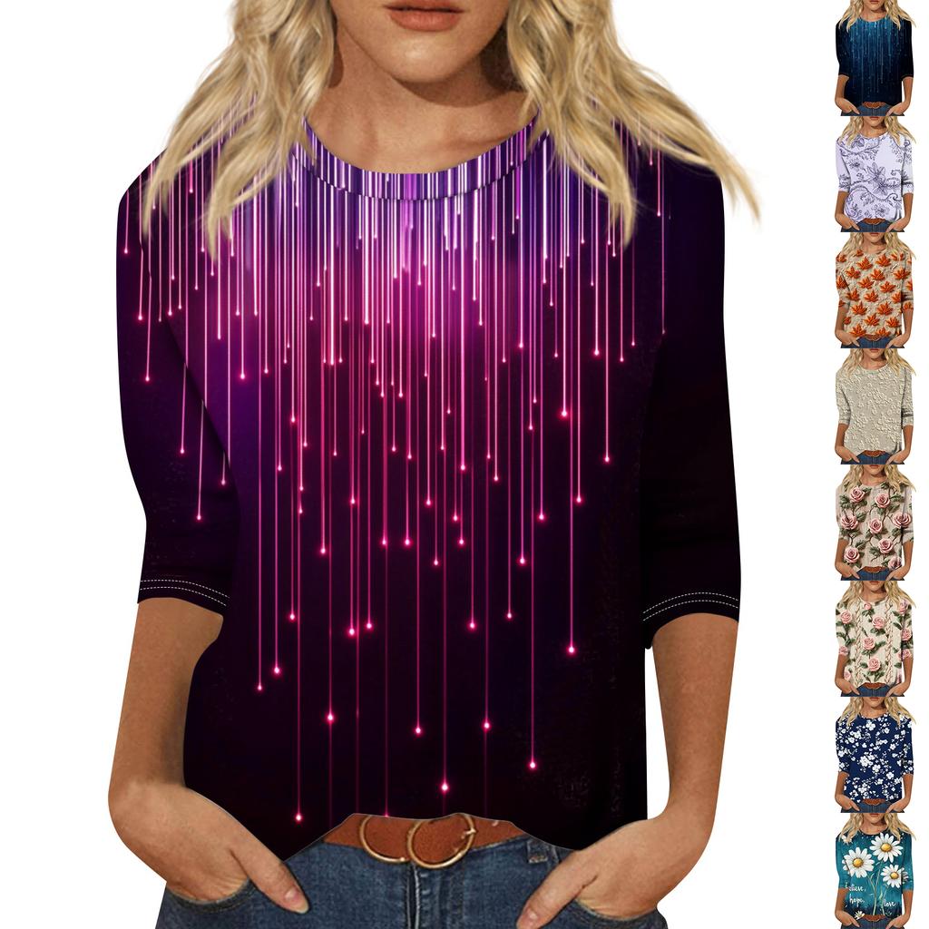 Women's Fashion Loose Casual Seven Sleeve Printed Round Neck Top