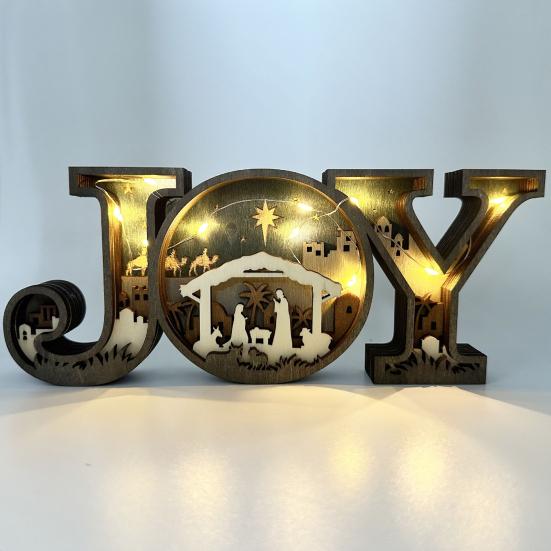 Nativity Scene Ornament Wooden JOY Letter Tabletop Decoration Rustic Religious Table Mantel