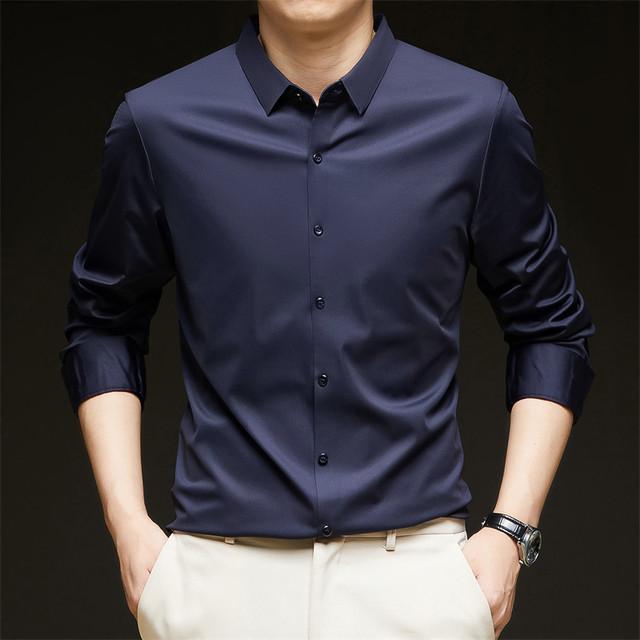 Мужская деловая повседневная рубашка с длинными рукавами, однотонная, не мнется, удобная, универсальная, на все сезоны