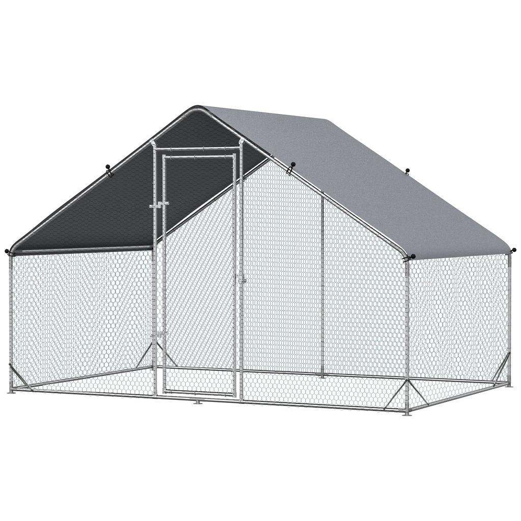 Garden Chicken Coop for 12-18 Chickens with Galvanized Frame and Waterproof Cover, 3x2x2 m, Silver