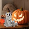 Ghost Walking Dog Halloween Decor Spooky Ghost Dog Figurine Resin Cute Ghost Statue with Pumpkin for Halloween Home Bookshelf Tabletop Decor