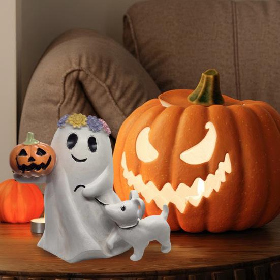 Привидение Выгуливающая Собаку Хэллоуин Декор Жуткая Фигурка Собаки-Привидения Смола Милая Статуэтка Привидения с Тыквой для Хэллоуина Домашний Декор Книжная Полка Столешница