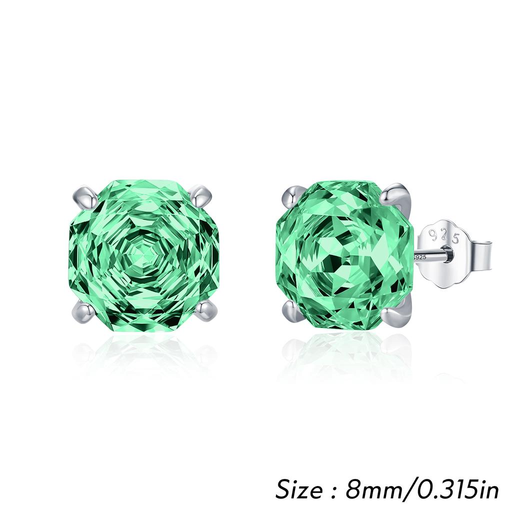 925 Sterling Silver Rhodium/Platinum Plated Trendy Sparkling Colorful Octagon Zircon Rose Cut Unisex Stud Earrings Women Gift