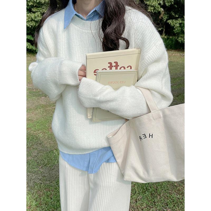 Повседневный пуловер с круглым вырезом, вязаный свитер, женский, новый, осенне-зимний, свободный и тонкий, ленивый стиль, верхняя одежда, вязаный свитер, топ, тренд