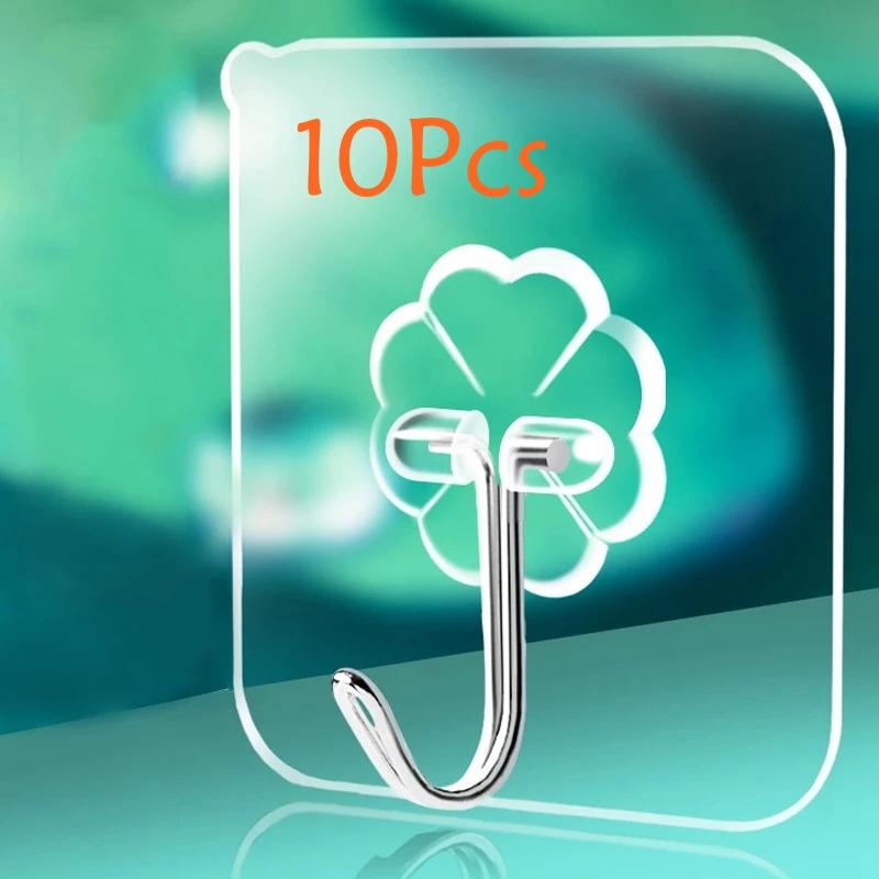 10Pcs Transparent Wall Hooks Waterproof Oilproof Self Adhesive Hooks Reusable Seamless Hanging Hook for Kitchen Bathroom Office