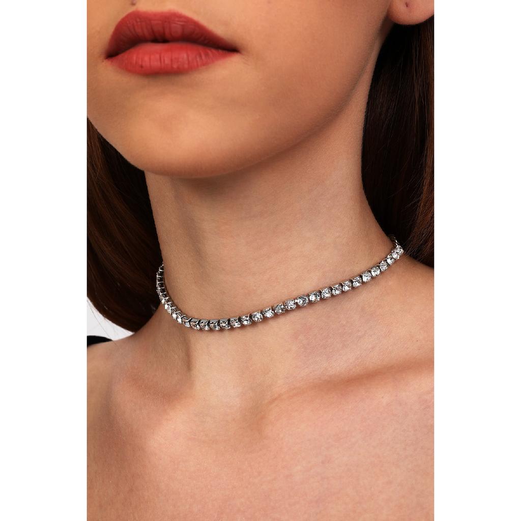 Women's Single Row Waterway Stone Body Choker Model Silver Zircon Collar Diamond Choker Necklace Evening Dress