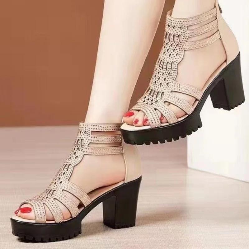 2024 Brand Shoes for Women Plus Size Women's Sandals Fashion Zip Office and Career New Crystal Peep Toe Round Toe Heeled Sandals
