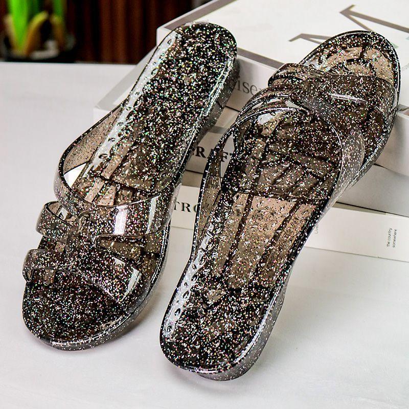 Sparkling Crystal Low Heeled Slippers for Women In Summer, Made of Transparent Plastic Material, Suitable for Indoor and Household Use