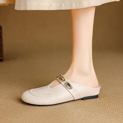 Мода 2025 Новые летние шлепанцы Натуральная кожа Женская обувь Мода Увеличение высоты Мюли Средний каблук Шлепанцы с закрытым носком Сандалии