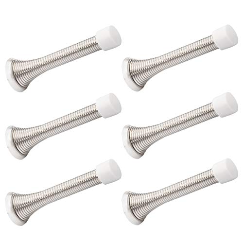 6 Pack Spring Door Stopper Brushed Satin Nickel - 3-1/4 Inch Flexible Metal Door Stops with White Rubber Bumper Tips for Wall Protection, Quiet Home
