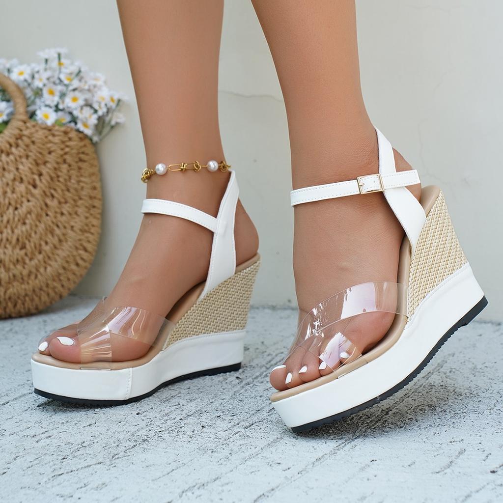 Босоножки на танкетке Летняя универсальная обувь с одним ремешком Повседневные босоножки на толстой подошве и высоком каблуке