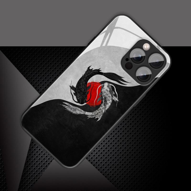 Чехол для телефона со стеклянным корпусом и узором «Рыба Кои в стиле Арт Тайцзи» для iPhone 17 16 15 14 Pro Max 13 12 11 Pro 17 Air 16E 7 8 Plus XR XS X