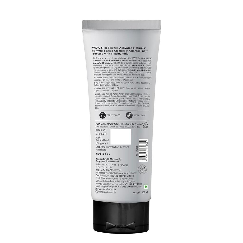 WOW Skin Science Мужская пенка для умывания с древесным углем и ниацинамидом для контроля жирности, 100 мл Глубокое очищение для жирной кожи, матирующая