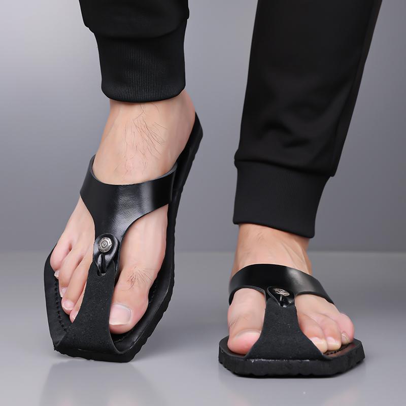 Мужские Черные Кожаные Тапочки Простые Плоские Летние Белые Шлепанцы Сандалии для улицы Коричневые Открытый Носок Пляжная Обувь Большого Размера