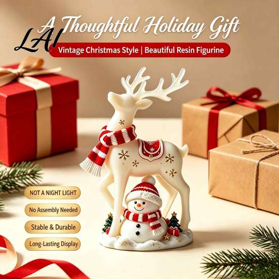 Christmas Table Figurine, White Snowman Resin Decorations Reindeer Deer Statue with Red Scarf, Cute