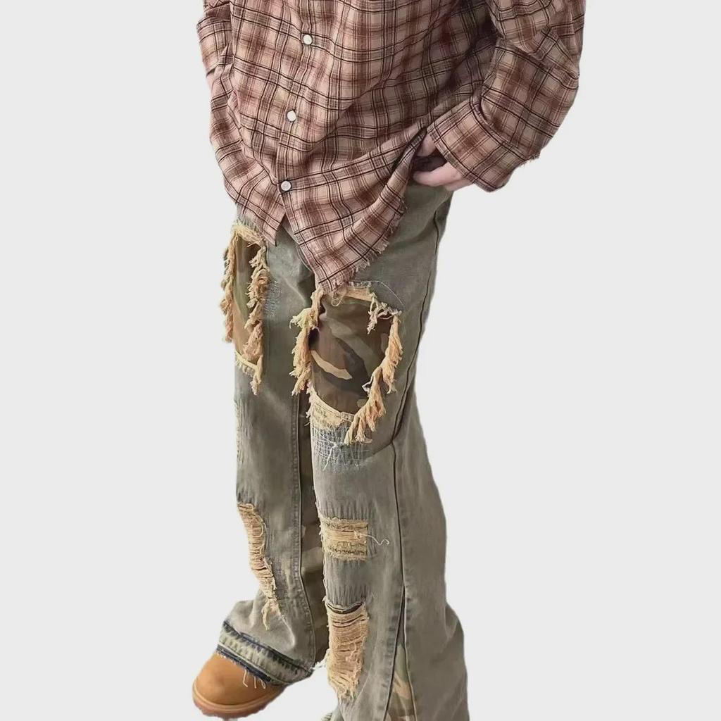 Расклешенные джинсы в стиле ретро с эффектом потертости и камуфляжа в стиле пэчворк для мужчин и женщин