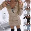 Ladies Casual  Color Woolen Skirt Zipper Waist Long Sleeve Knitted Hip Dress