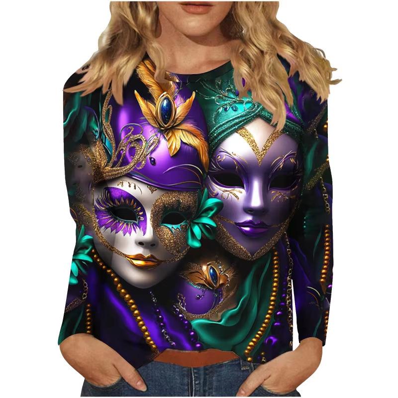 3D Mardi Gras Mask Printed Top Casual Long Sleeved Women's T-shirts - Soft Medium Stretch Polyester Fabric Spring and Autumn Relaxed Fit Clothing
