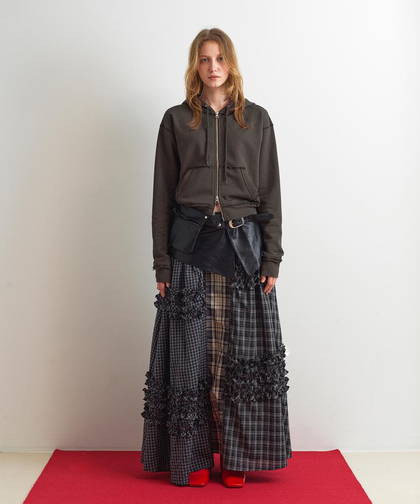 Aobteu Unbalance Frill Maxi Skirt - Check