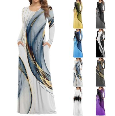 Женское модное повседневное платье с круглым вырезом и длинными рукавами с карманами