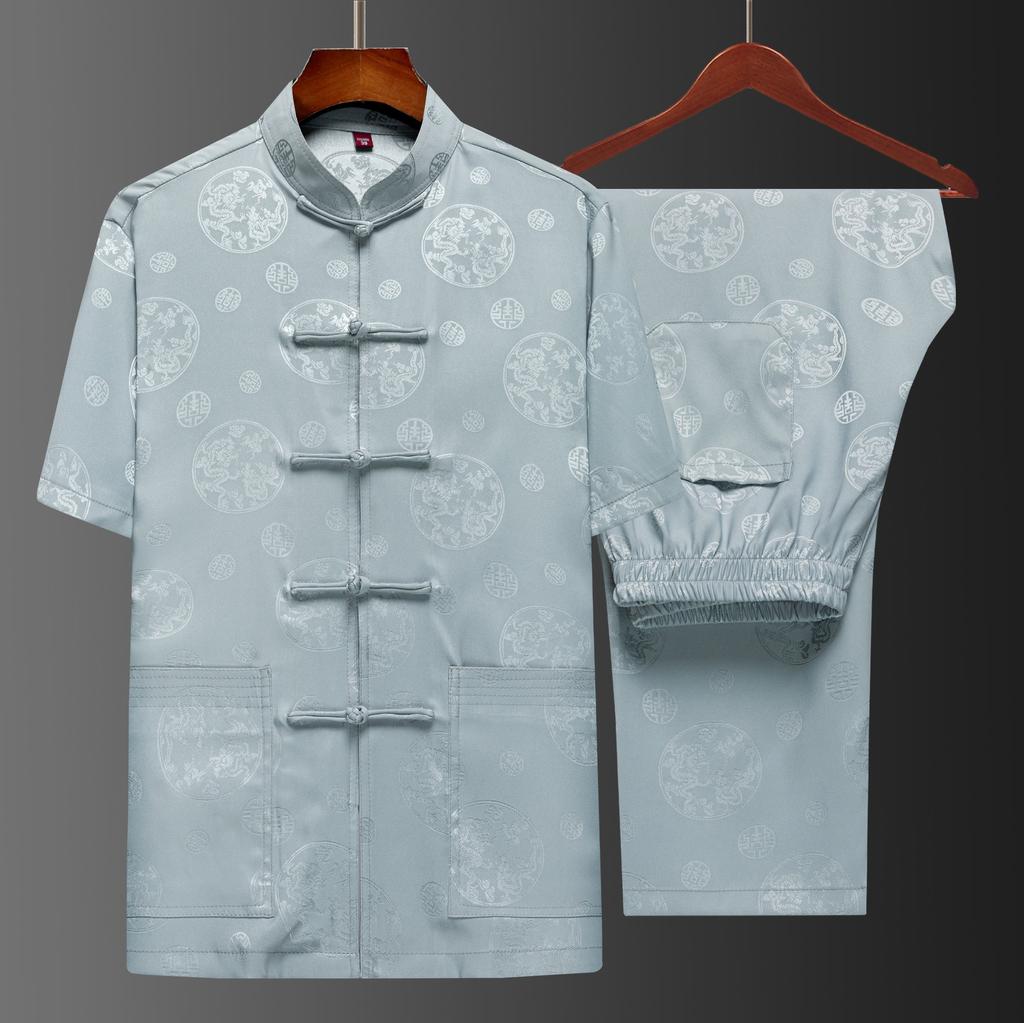 Костюм Тан мужской с коротким рукавом в китайском стиле, костюм для отца, летний костюм, костюм китайского дедушки, мужской