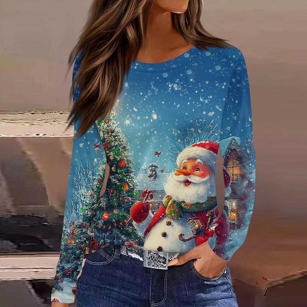 Women's Fashion Casual Slit Hem Round Neck Long Sleeve Loose Christmas Printed T-Shirt Ladies Top