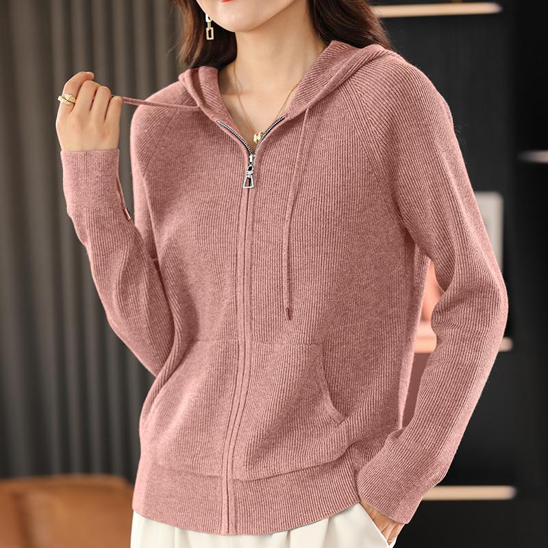 Autumn Winter Women Cardigan Sweater Jacket Hooded Collar Thicken Knitted Zipper Cardigan with Pocket Basis Top Female Coat