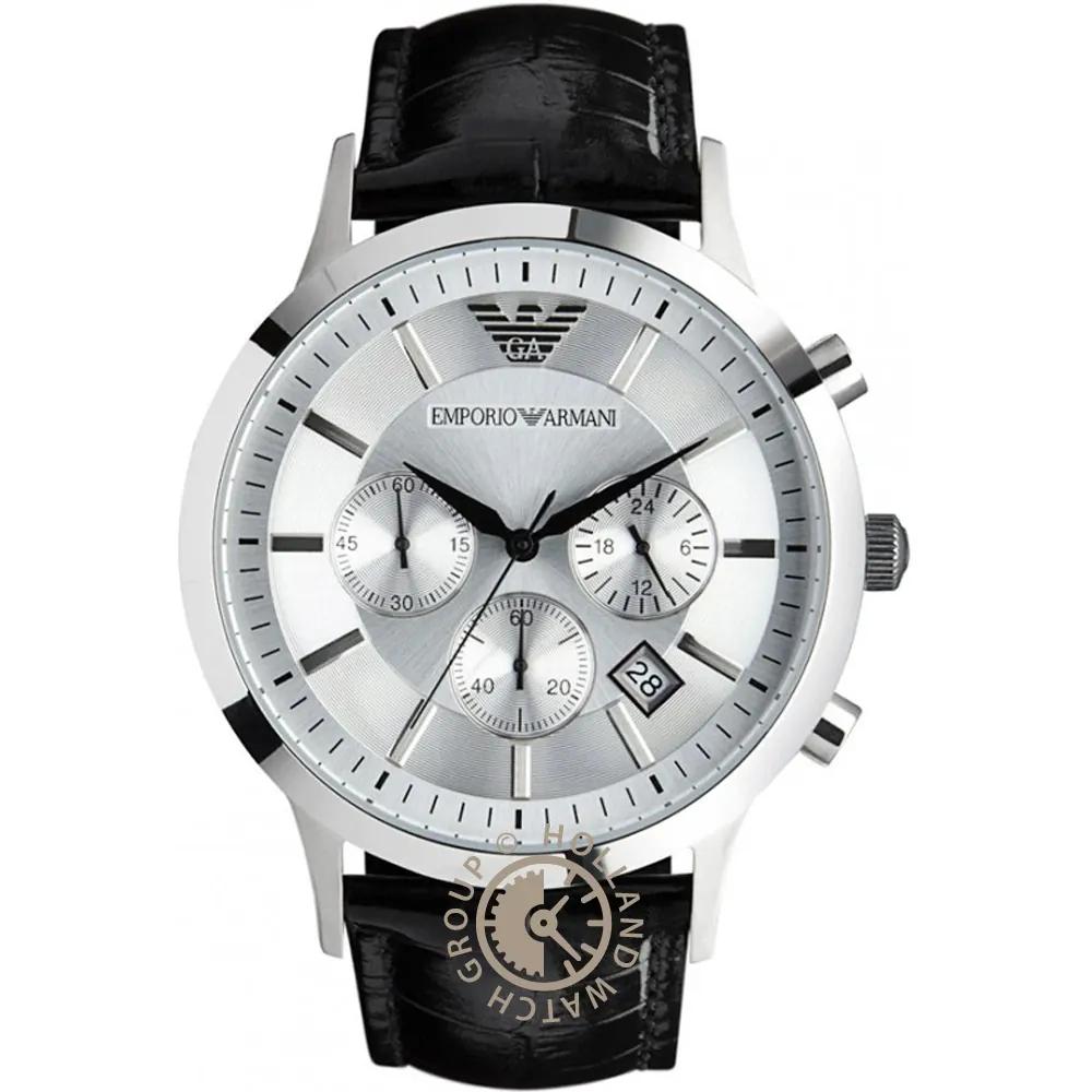 Emporio Armani Мужские кварцевые часы-хронограф Renato Silver Black Leather AR2432