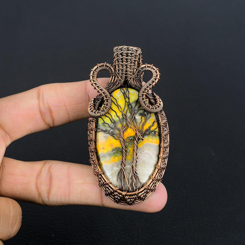 Bumble Bee Jasper Jewelry, 999 Copper Wire Wrapped Gemstone Pendant, Handmade Pendant, For Memorial Day