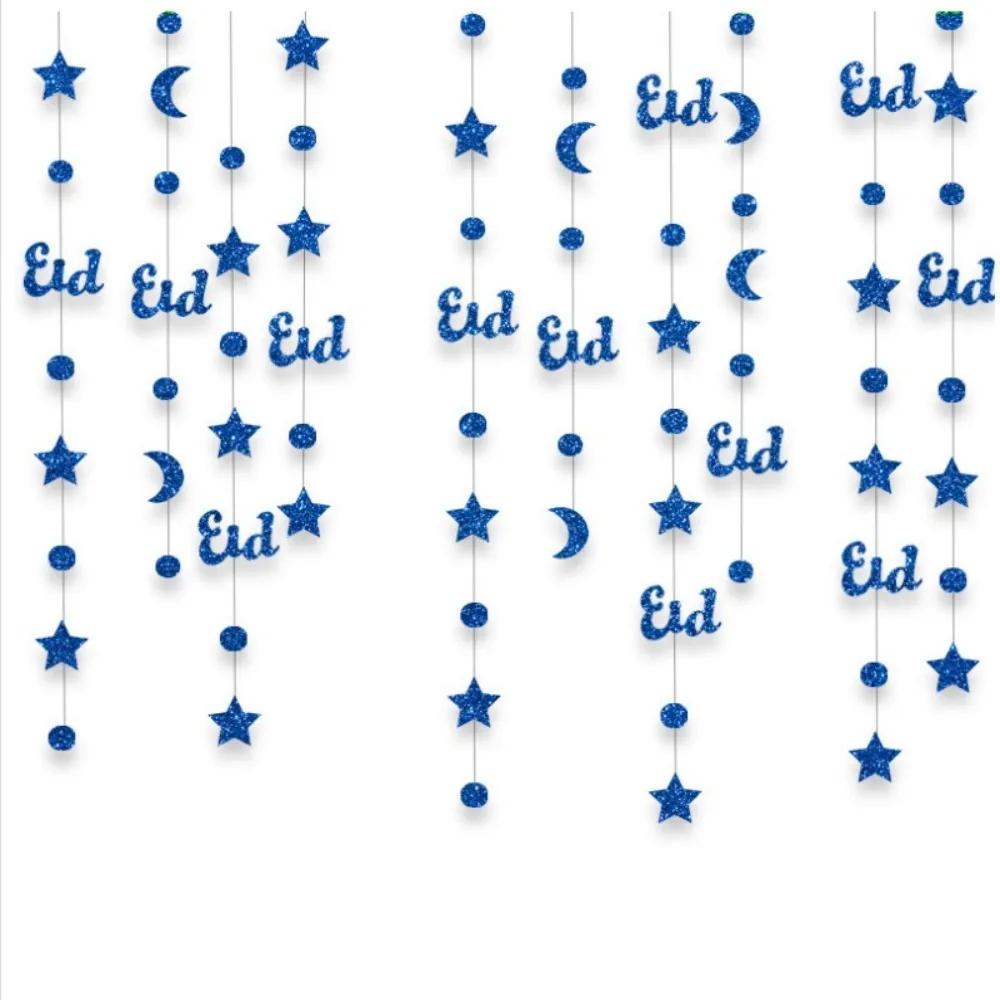 Gold Silver Eid Mubarak Banners Glitter Paper DIY Paper Star Moon Lantern Ceiling Hanging Pull Flag Hang Garland