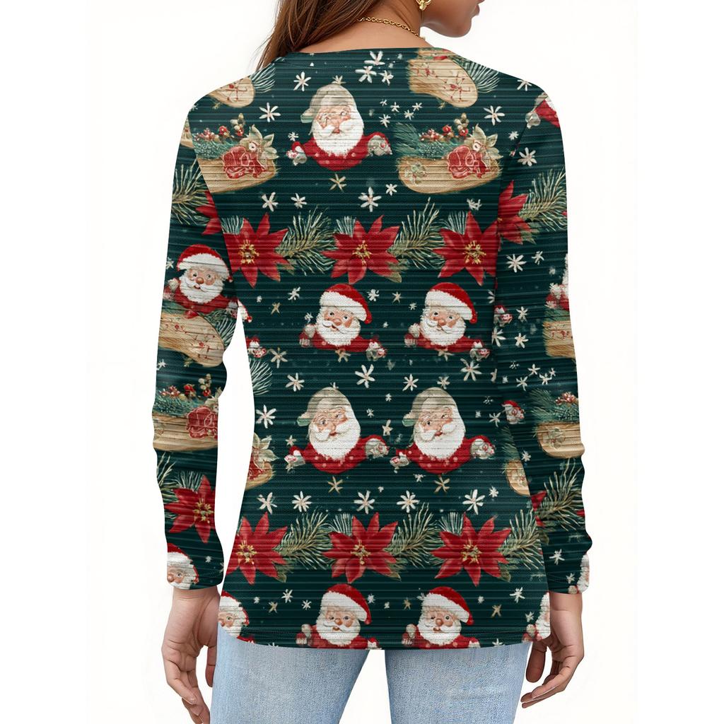 Women's Fashion Casual V-Neck Long Sleeve Decorative Button Christmas Print Top