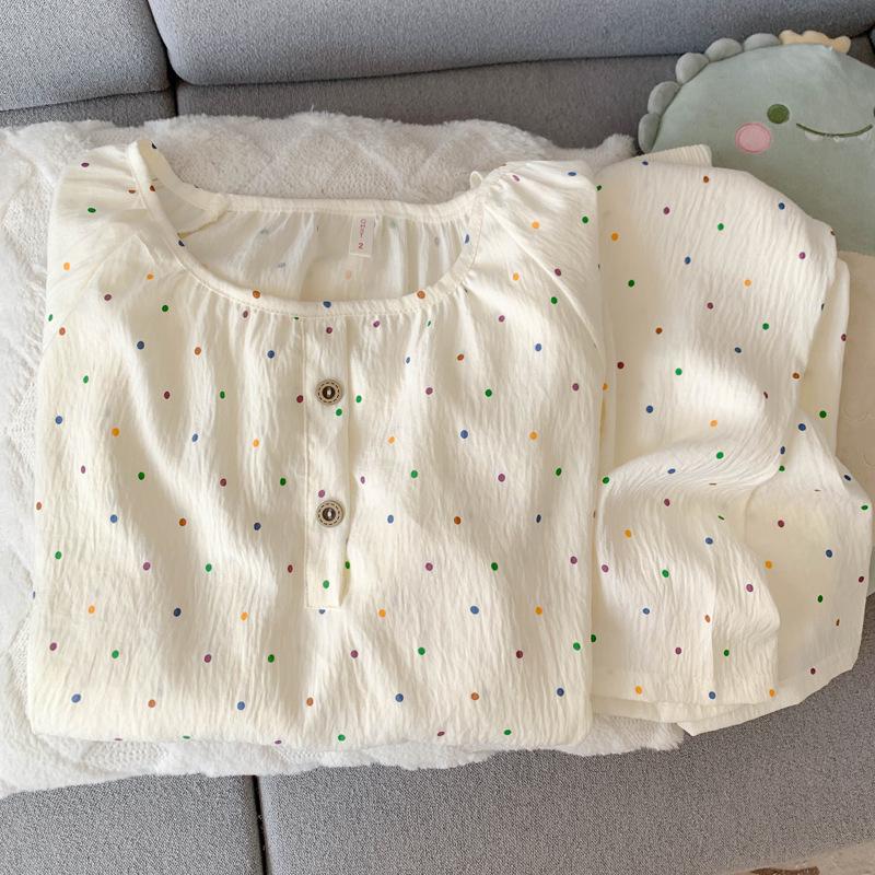 Женский набор пижамы с мультяшным принтом из облачного хлопка – с длинным рукавом, круглым вырезом, больших размеров, для ношения на улице