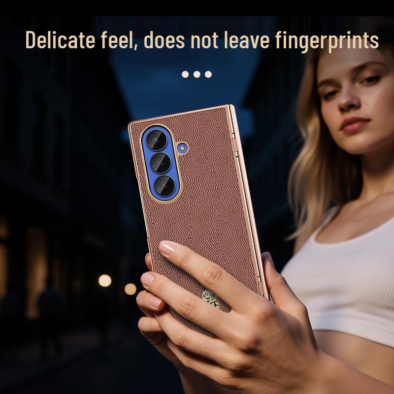 Оригинальный кожаный магнитный чехол для телефона Samsung Z Fold7/6 - Гальванизированный защитный корпус с узором "Личи" и встроенной пленкой.