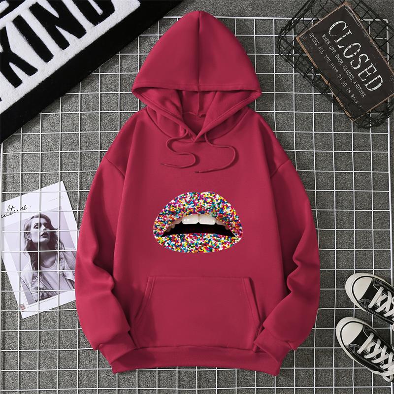 Fashion Lips Print Women Hooded Sweatshirt Casual Long Sleeve O Neck Loose Women Ladies Hooded Tops Clothes