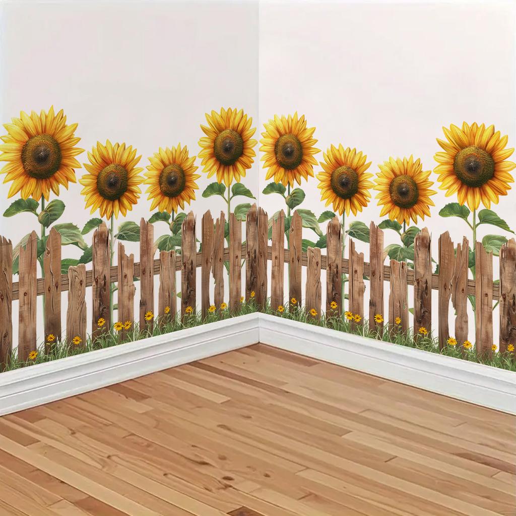 Наклейки в деревенском стиле - Наклейки на стену 'Подсолнух и забор' - Свежие элементы - Самоклеящиеся - Без следов