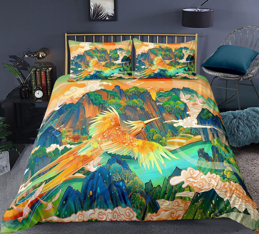 Chinoiserie Animal Polyester Duvet Cover Set King Colorful Phoenix Mountain River Landscape Asian Culture Theme For Kids Teens