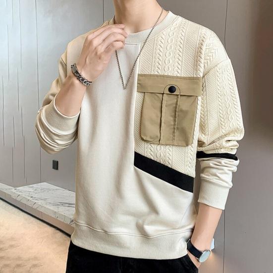 Осень-весна Мужская толстовка с круглым вырезом Аппликация Карман в стиле пэчворк Сплошной цвет с длинным рукавом Свободный пуловер Мягкий дышащий средней длины Мужской повседневный топ