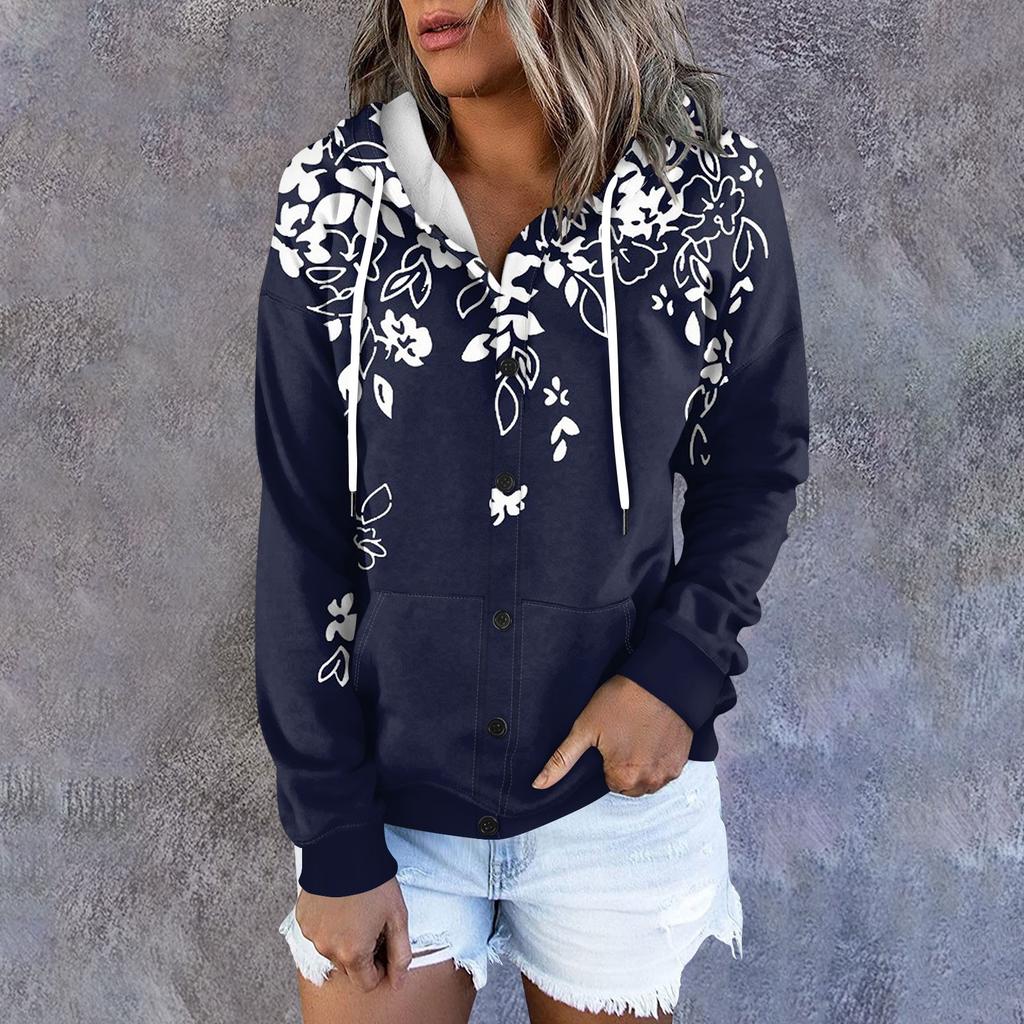 Women's Hoodie, Printed Long Sleeved Loose Hooded Sports Jacket