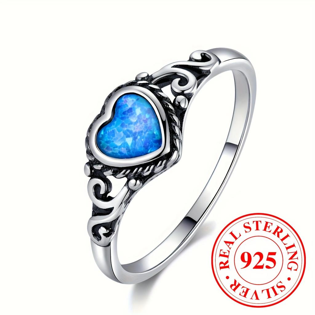 S925 Sterling Silver Heart-shaped Blue Opal Ring for Women Simple Wedding Engagement Jewellery Gift