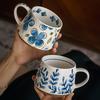 Креативная синяя керамическая кофейная кружка с цветочным узором Винтажная кружка для послеобеденного чая и десертов Офисная кружка Керамическая кружка большой емкости Декор