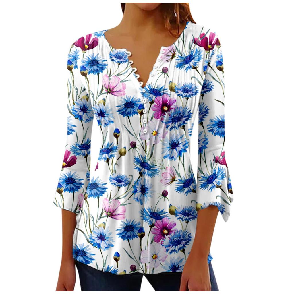 Топ на пуговицах для женщин, топы с цветочным принтом, повседневный топ с рукавом колокольчиком 3/4 и V-образным вырезом