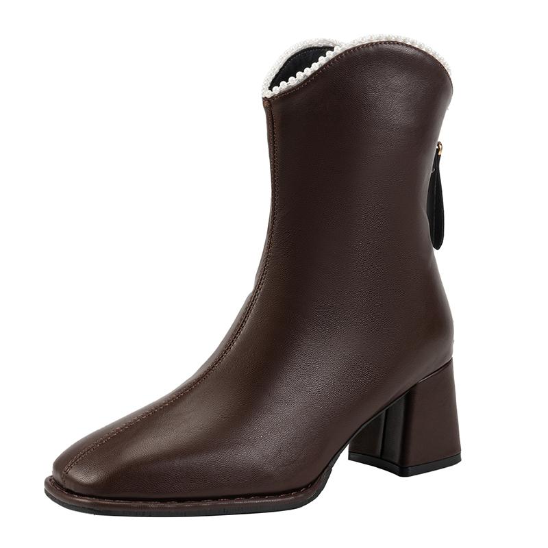 Модные ботильоны с квадратным носком и блочным каблуком, зимние новые, с бисером, на задней молнии, противоскользящие, износостойкие, на высоком каблуке