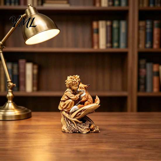 Retro Style Home Decor Fairy Tale Little Boy and Fox Wooden Figurine, Rustic Desktop Statue, Artistic Carved Vintage Accents Sculpture Ornament
