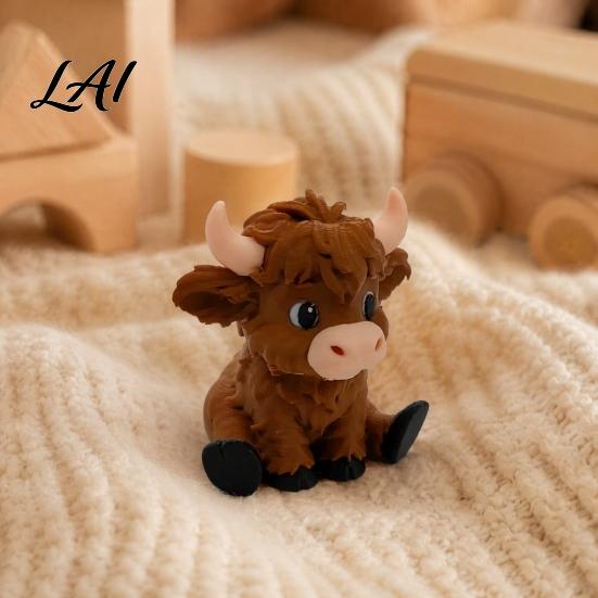 Highland Cow Figurines 3D Printed Figurines Cartoon Sitting Sculpture Cute Animal Fun Gifts Ornament for Desk Decoration Creative Desktop