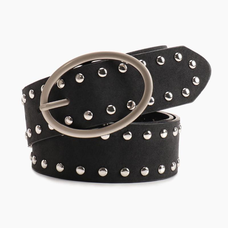 Streetwear Women Leather Rivets Belt With Alloy Metal Buckle For Use Daily