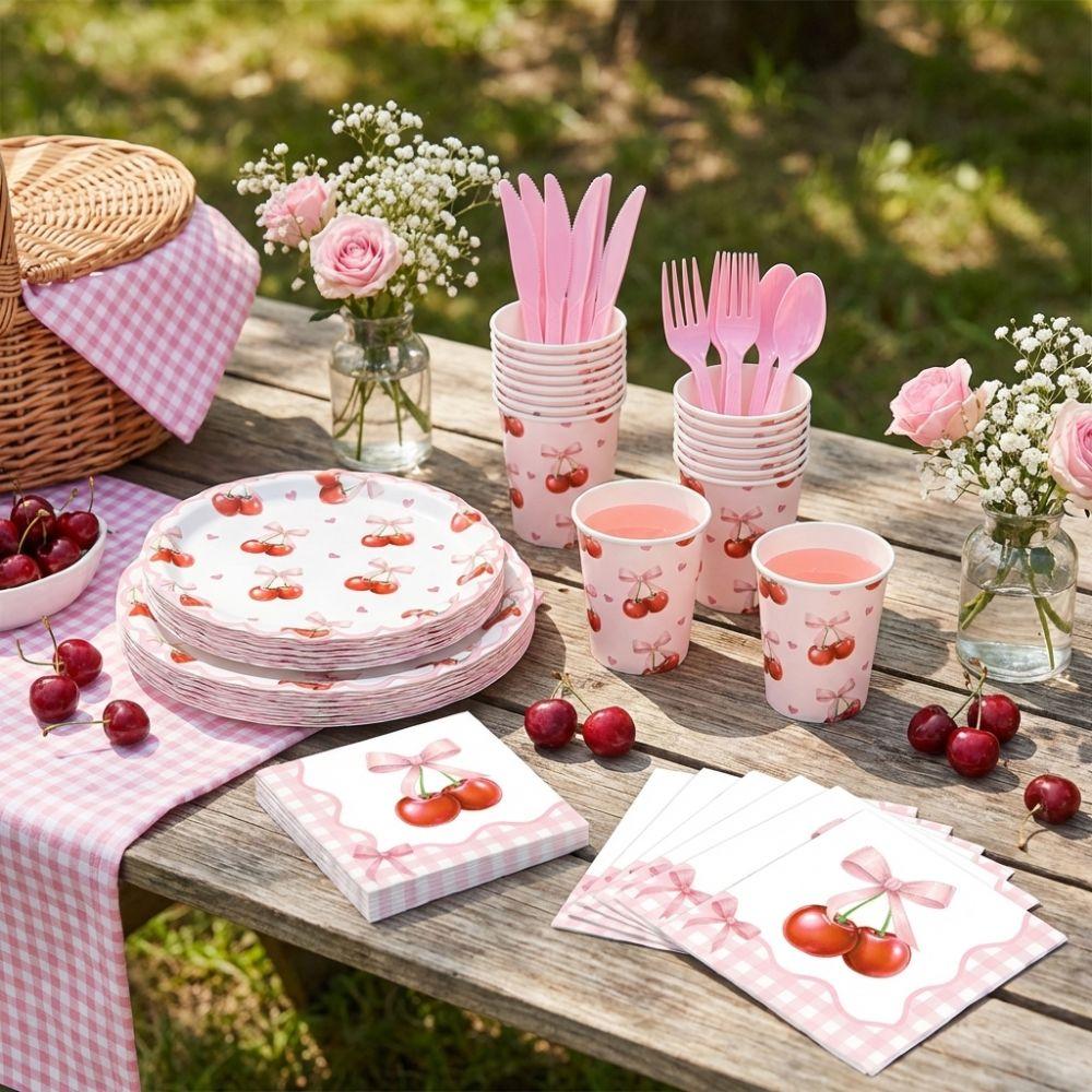 Cute Cherry Pattern Party Supplies Food Grade Napkin Tableware Set Scalloped Paper DIY Party Decoration Serves 20
